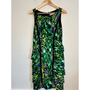 Joseph Ribkoff Green Purple Tiered Ruffle Knee Length Dress Size 8 Career Floral
